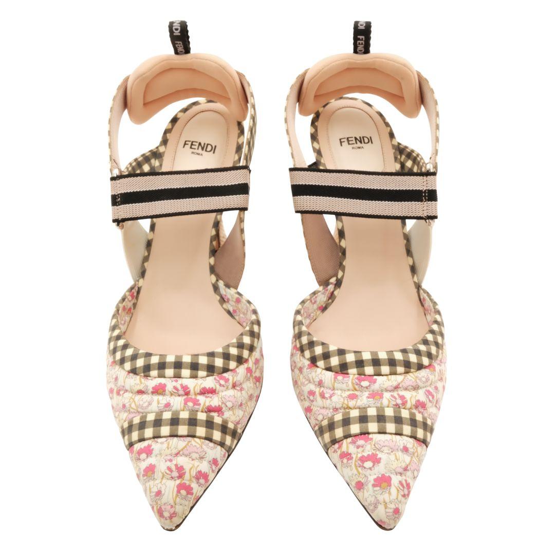 Fendi quilted gingham & floral print slingback pumps with pointed toes and wicker style heel.

Features cushioned slingback strap, curved, mid-height heel, elastic upper band, and logo pull tabs at back.

Condition Details: Good condition. Some