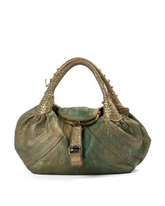 Fendi Gold and green tone leather MM Shopper Spy hand bag