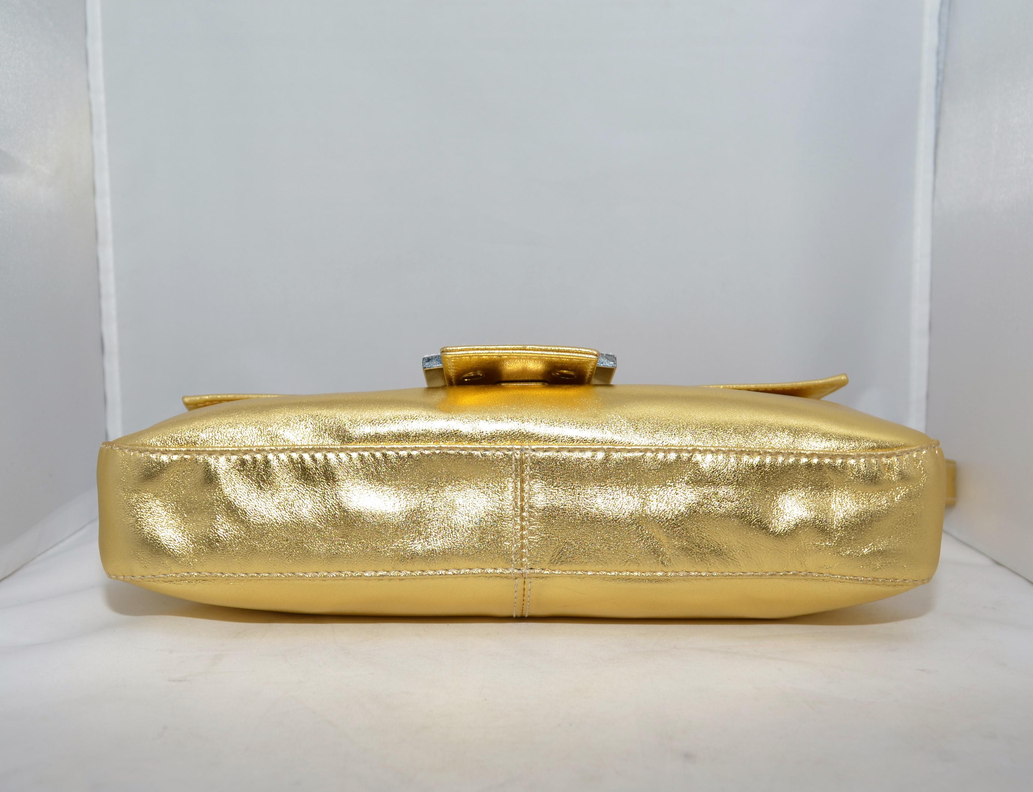 Women's Fendi Gold Baguette Shoulder Bag with Rhinestone Buckle