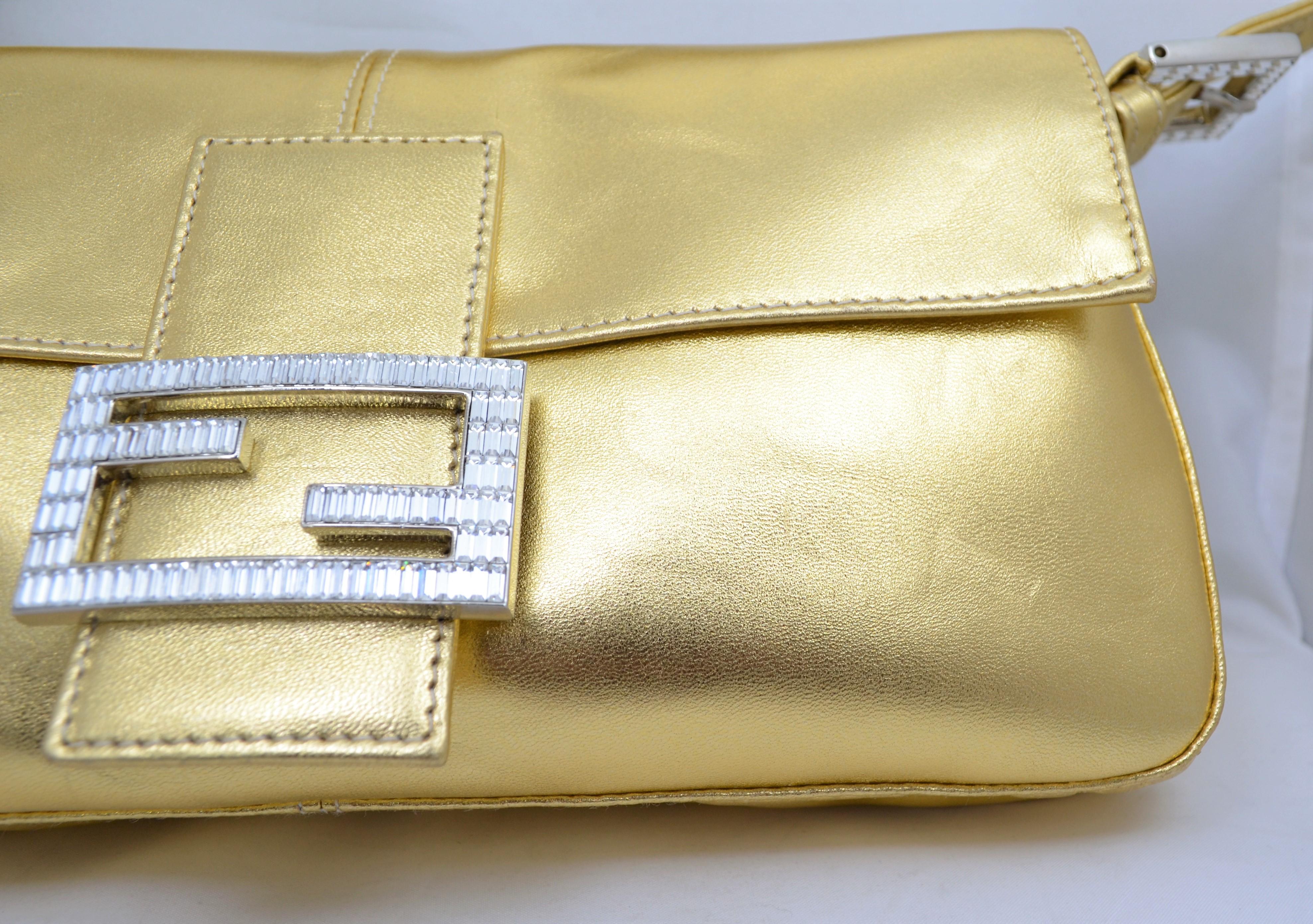 Fendi Gold Baguette Shoulder Bag with Rhinestone Buckle 1