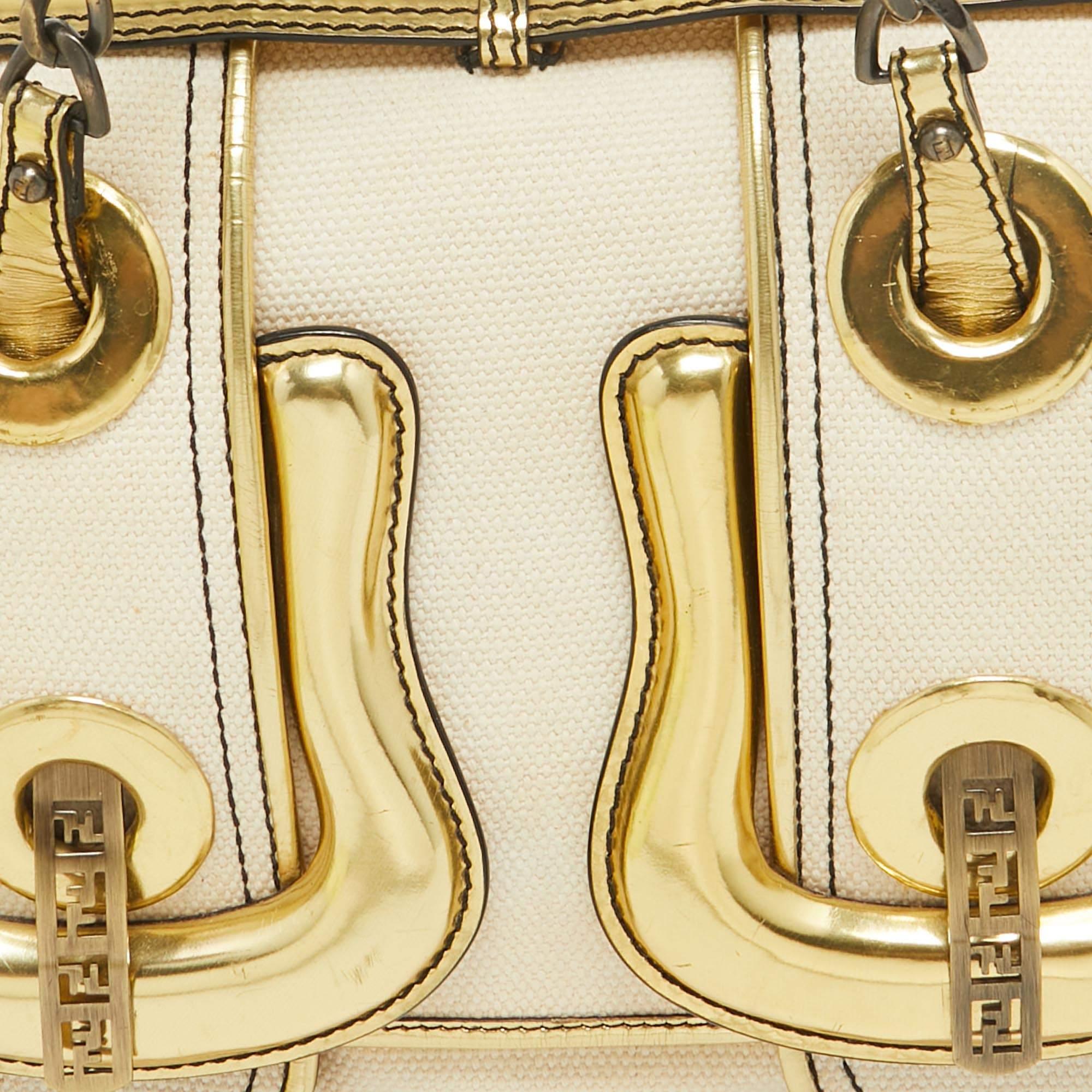 Fendi Gold/Beige Canvas and Patent Leather B Shoulder Bag For Sale 6