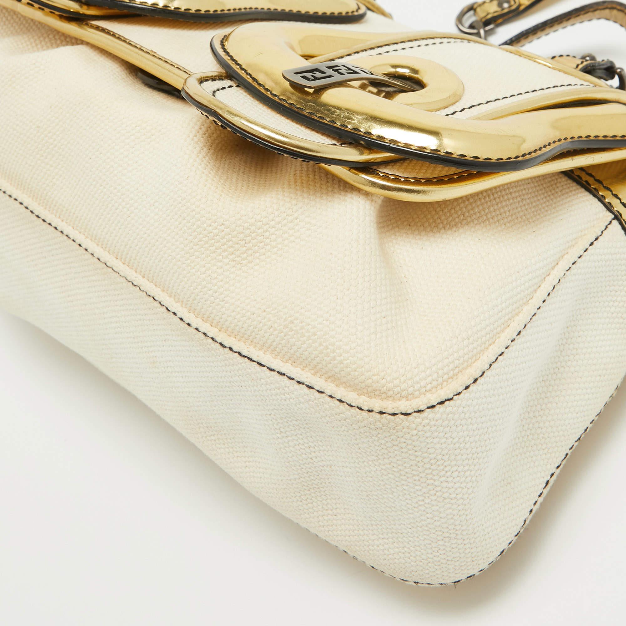 Fendi Gold/Beige Canvas and Patent Leather B Shoulder Bag For Sale 8