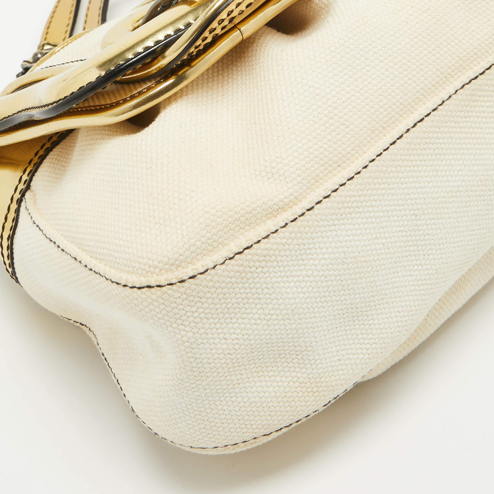 Fendi Gold/Beige Canvas and Patent Leather B Shoulder Bag For Sale 12