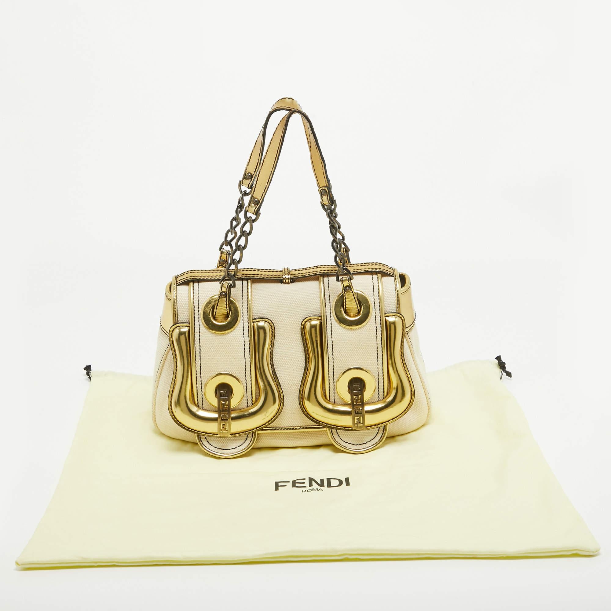 Fendi Gold/Beige Canvas and Patent Leather B Shoulder Bag For Sale 16