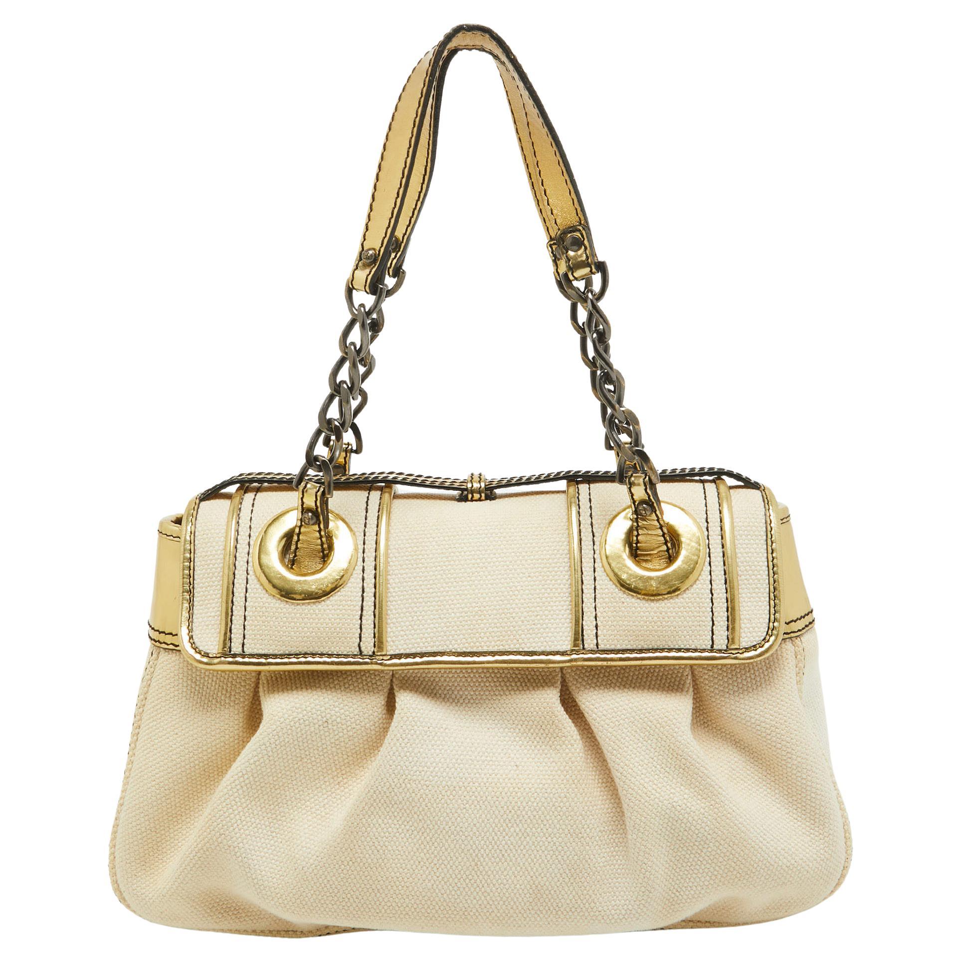 Women's Fendi Gold/Beige Canvas and Patent Leather B Shoulder Bag For Sale