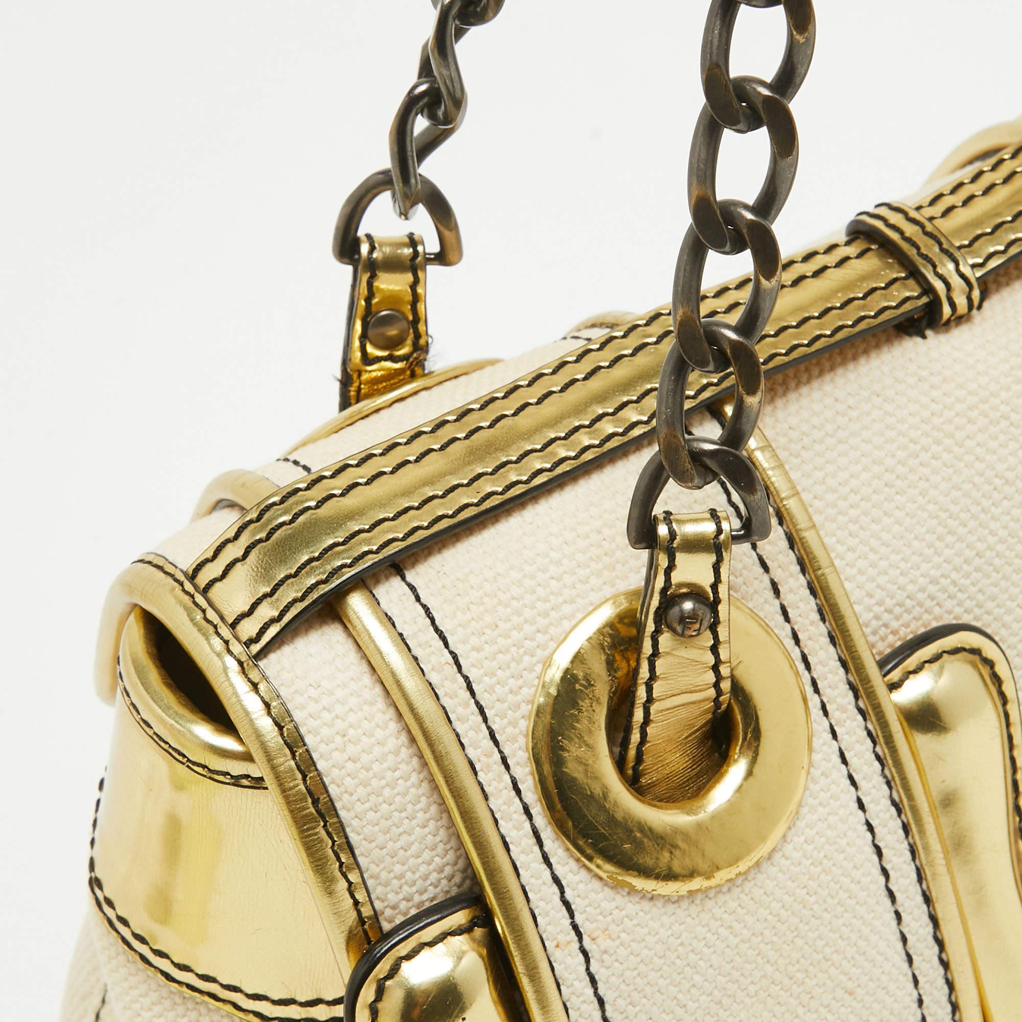 Fendi Gold/Beige Canvas and Patent Leather B Shoulder Bag For Sale 3