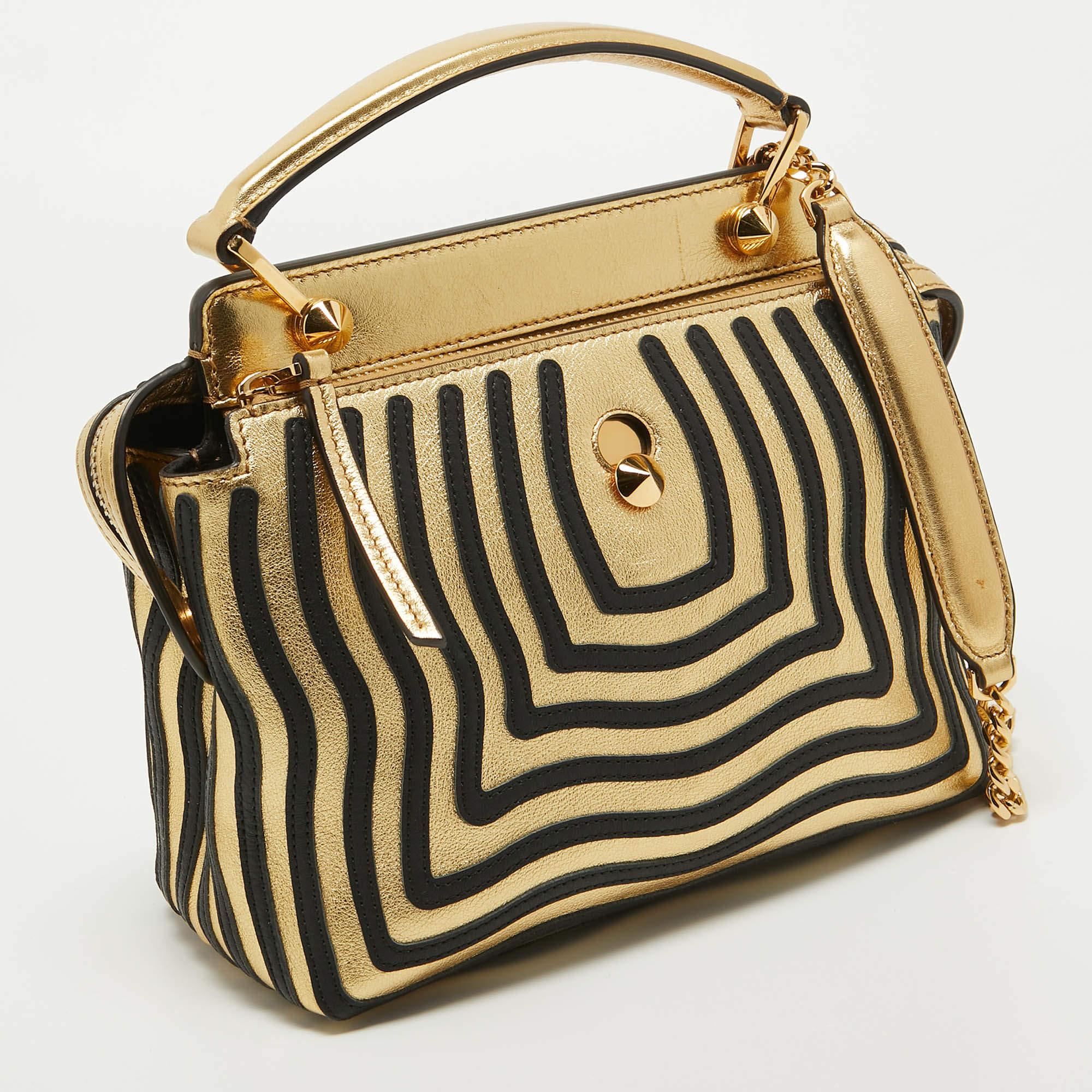 Fendi Gold/Black Leather Small Gold Edition Dotcom Click Top Handle Bag In Good Condition For Sale In Dubai, Al Qouz 2
