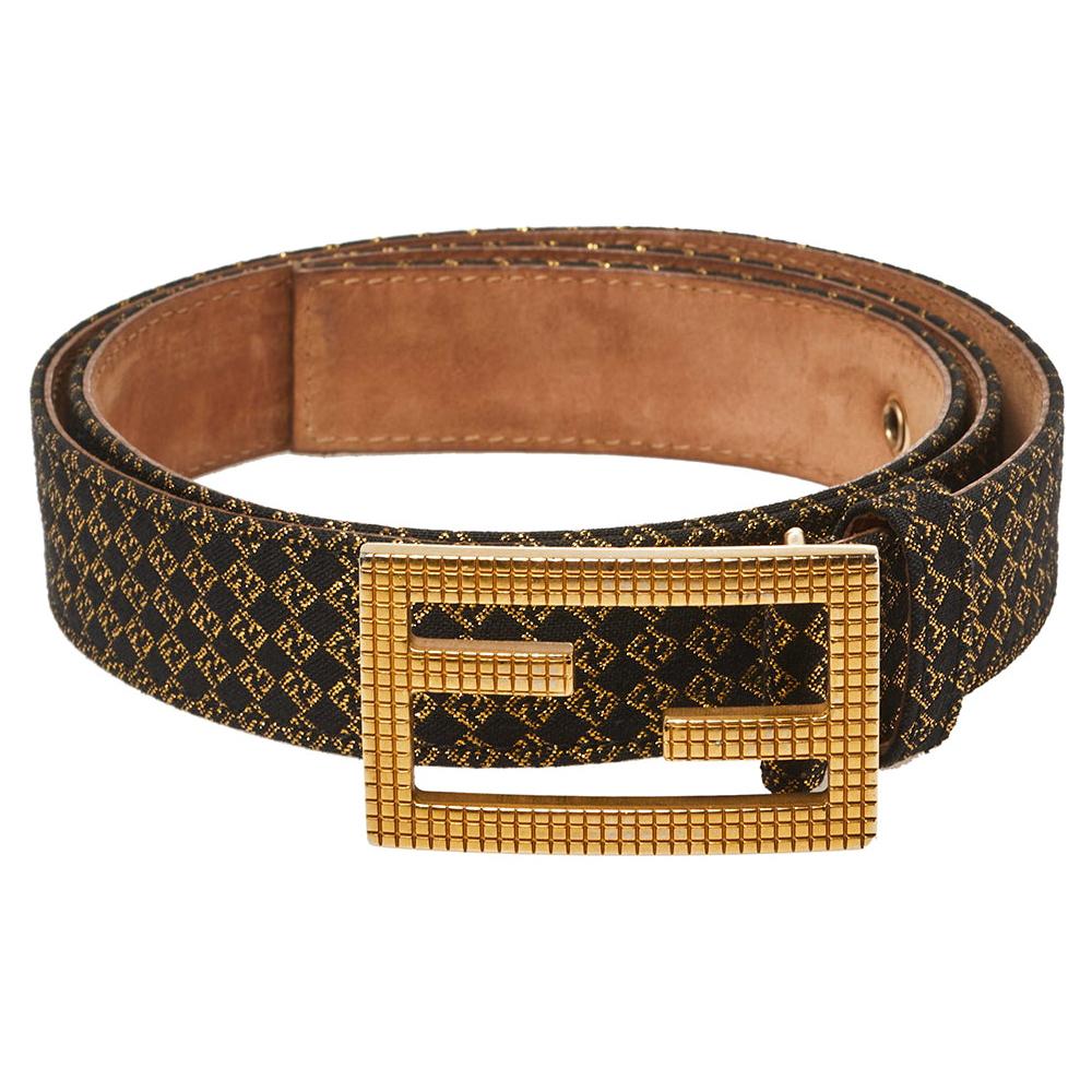 Fendi Gold/Black Printed Fabric and Leather FF Buckle Belt 90CM