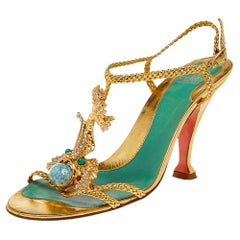 Fendi Gold Braided Foil Leather Embellished Ankle Strap Sandals Size 38.5