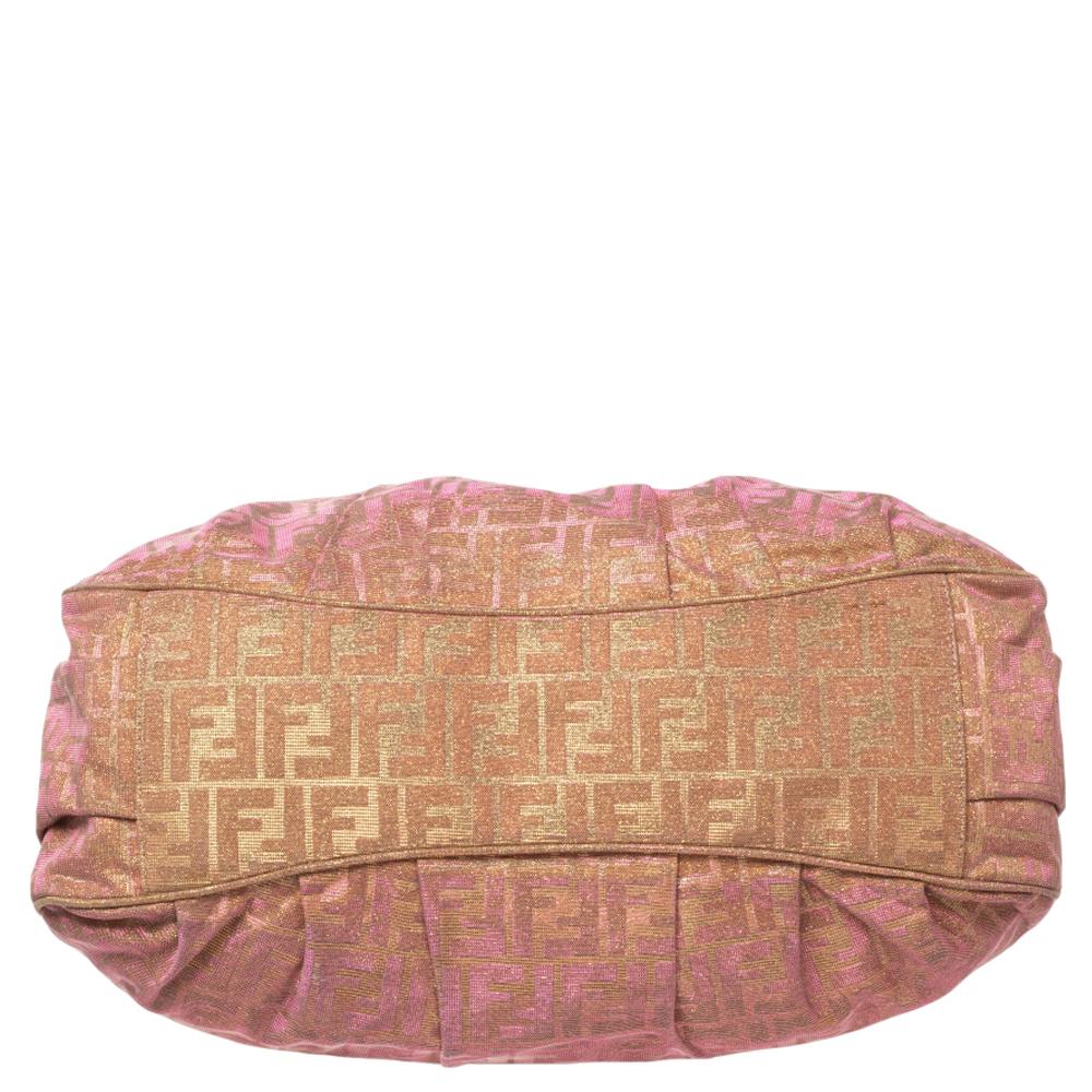 Fendi Gold/Brown Zucca Shimmer Canvas Large Mia Shoulder Bag In Good Condition In Dubai, Al Qouz 2