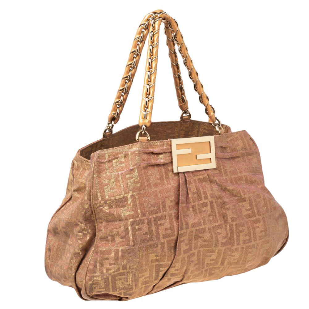 Fendi Gold/Brown Zucca Shimmer Canvas Large Mia Shoulder Bag 3