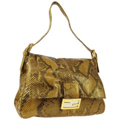 Fendi Gold Cognac Snakeskin Large Logo Top Handle Shoulder Pochette Flap Bag 