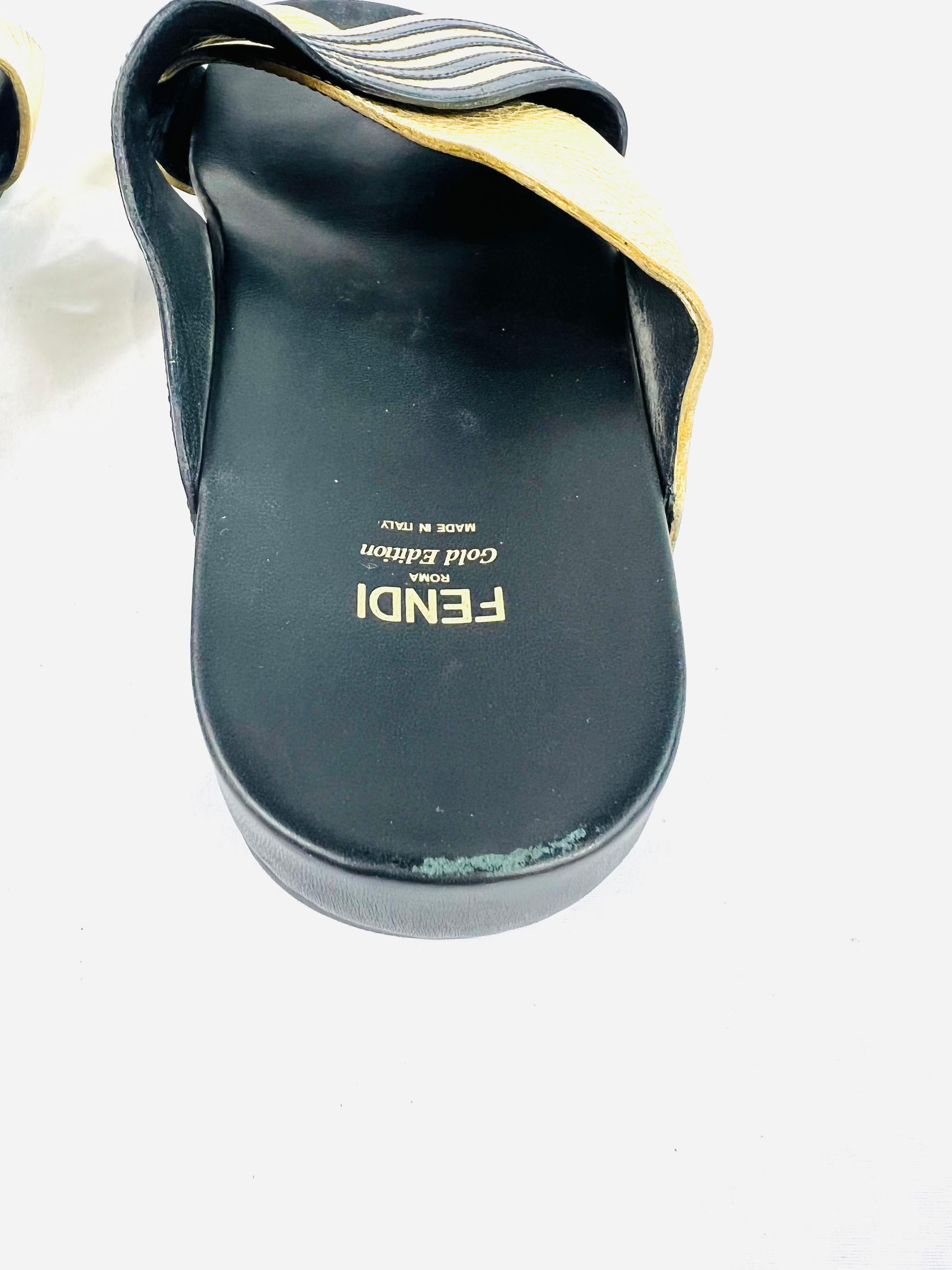 Black Fendi Gold Edition Leather Flat Sandals, Size 38.5 For Sale