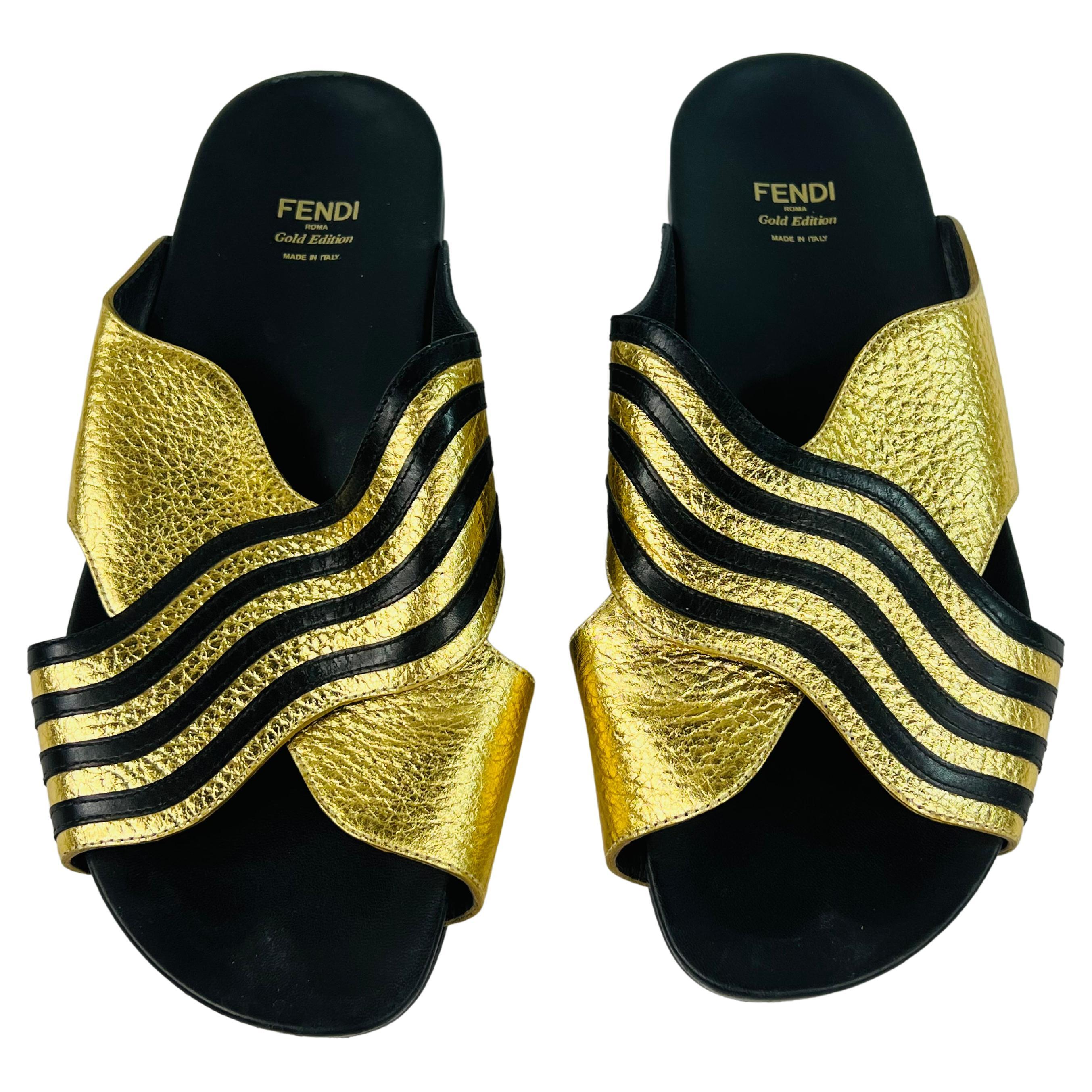 Fendi Gold Edition Leather Flat Sandals, Size 38.5