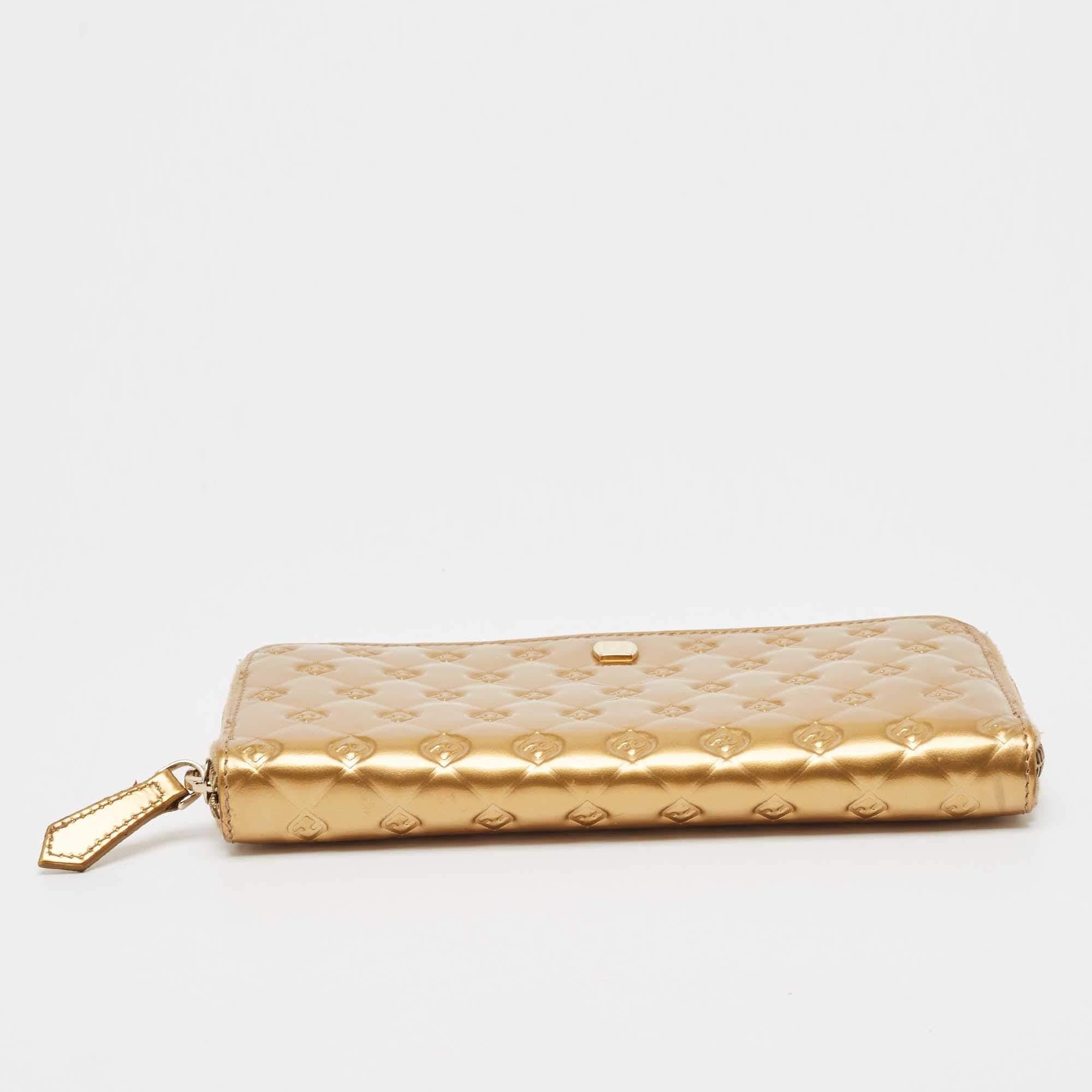 Women's Fendi Gold Embossed Patent Leather Fendilicious Continental Wallet For Sale