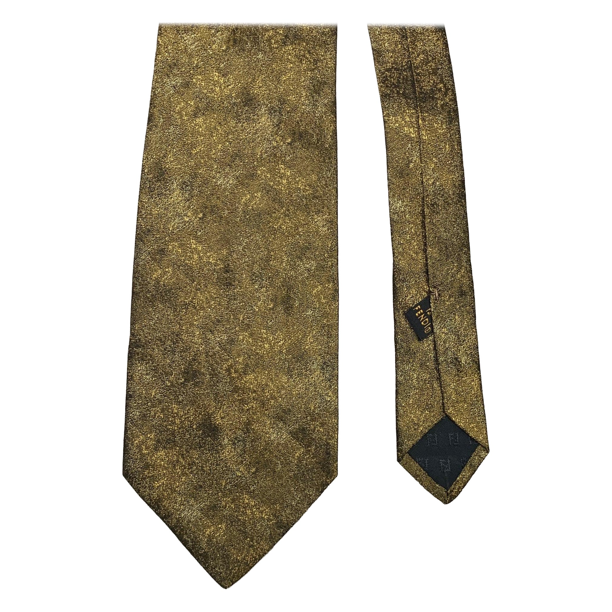 FENDI Gold Khaki Stripe Silk Tie For Sale