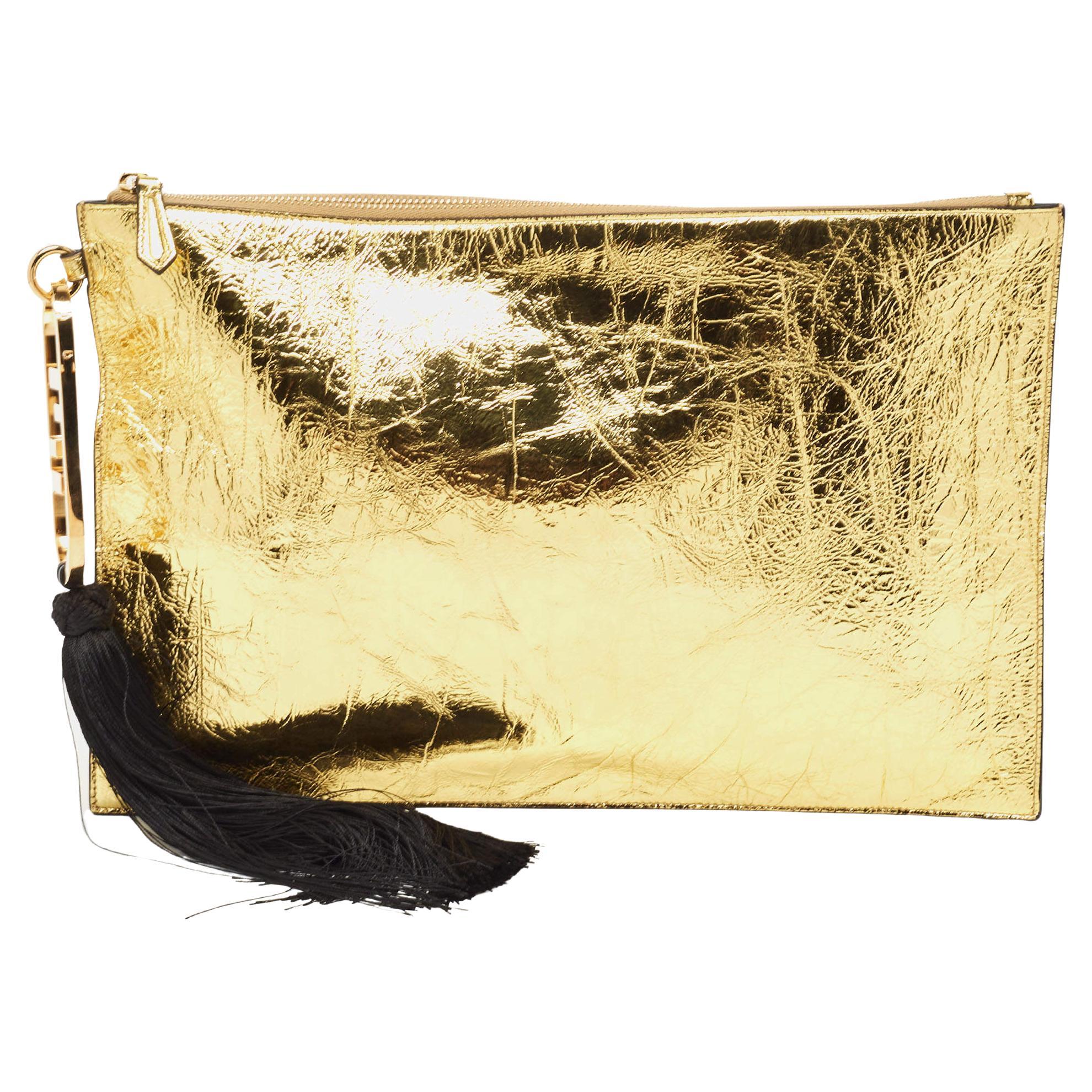 Fendi Gold Laminated Leather Large Flat Pouch For Sale