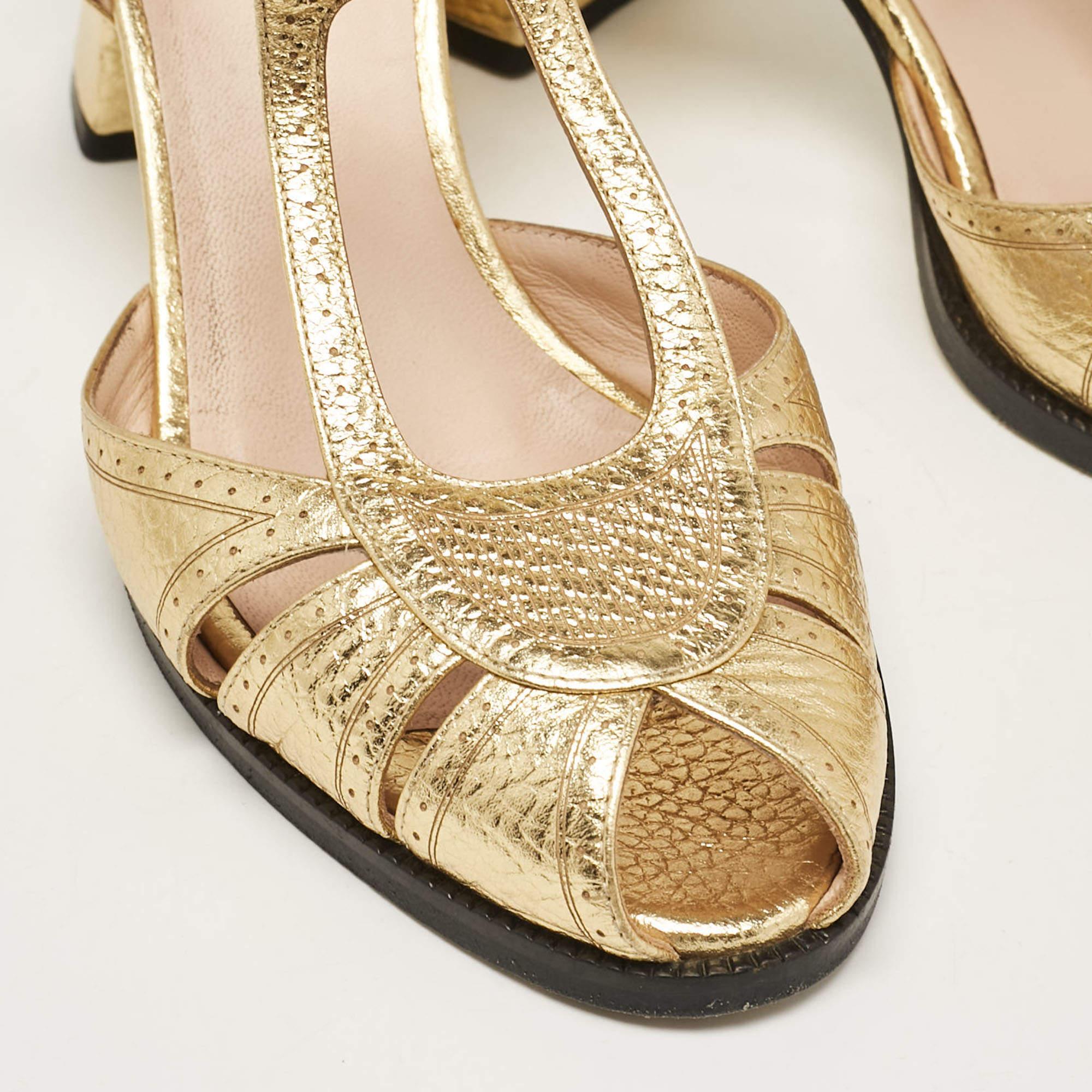 Fendi Gold Leather Block Heel Ankle Strap Sandals Size 39 3