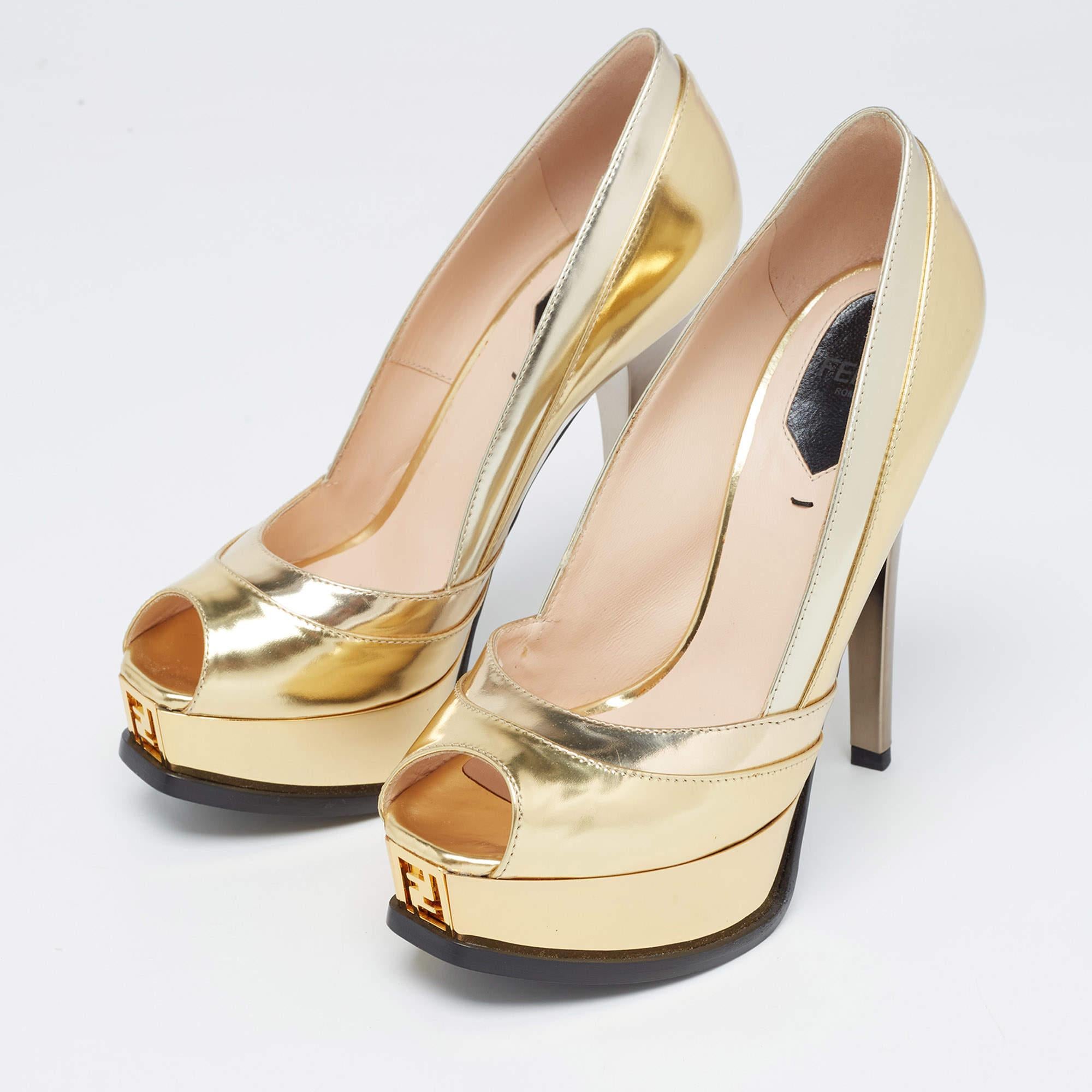 Women's Fendi Gold Leather Fendista Peep Toe Pumps Size 36.5 For Sale