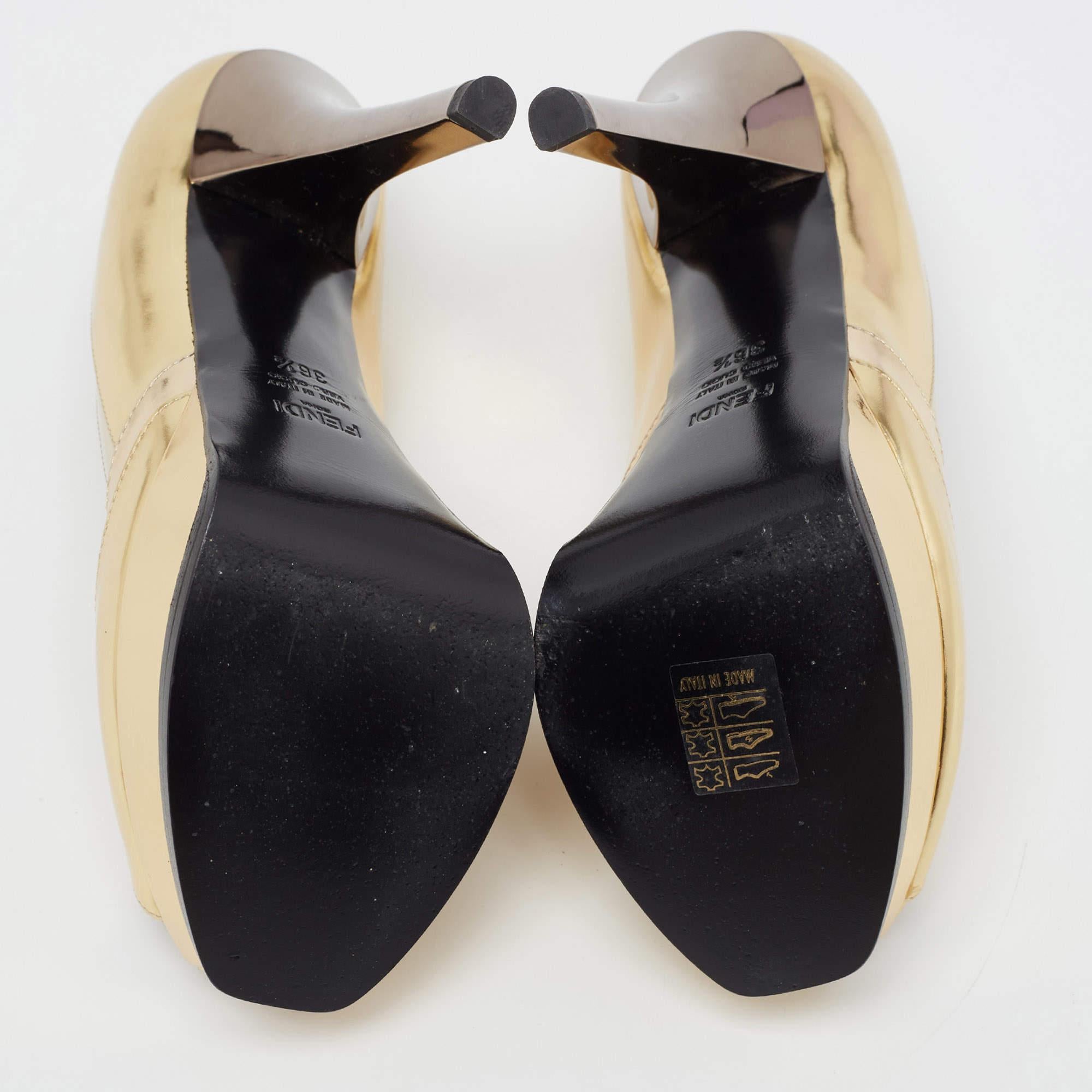 Fendi Gold Leather Fendista Peep Toe Pumps Size 36.5 For Sale 2