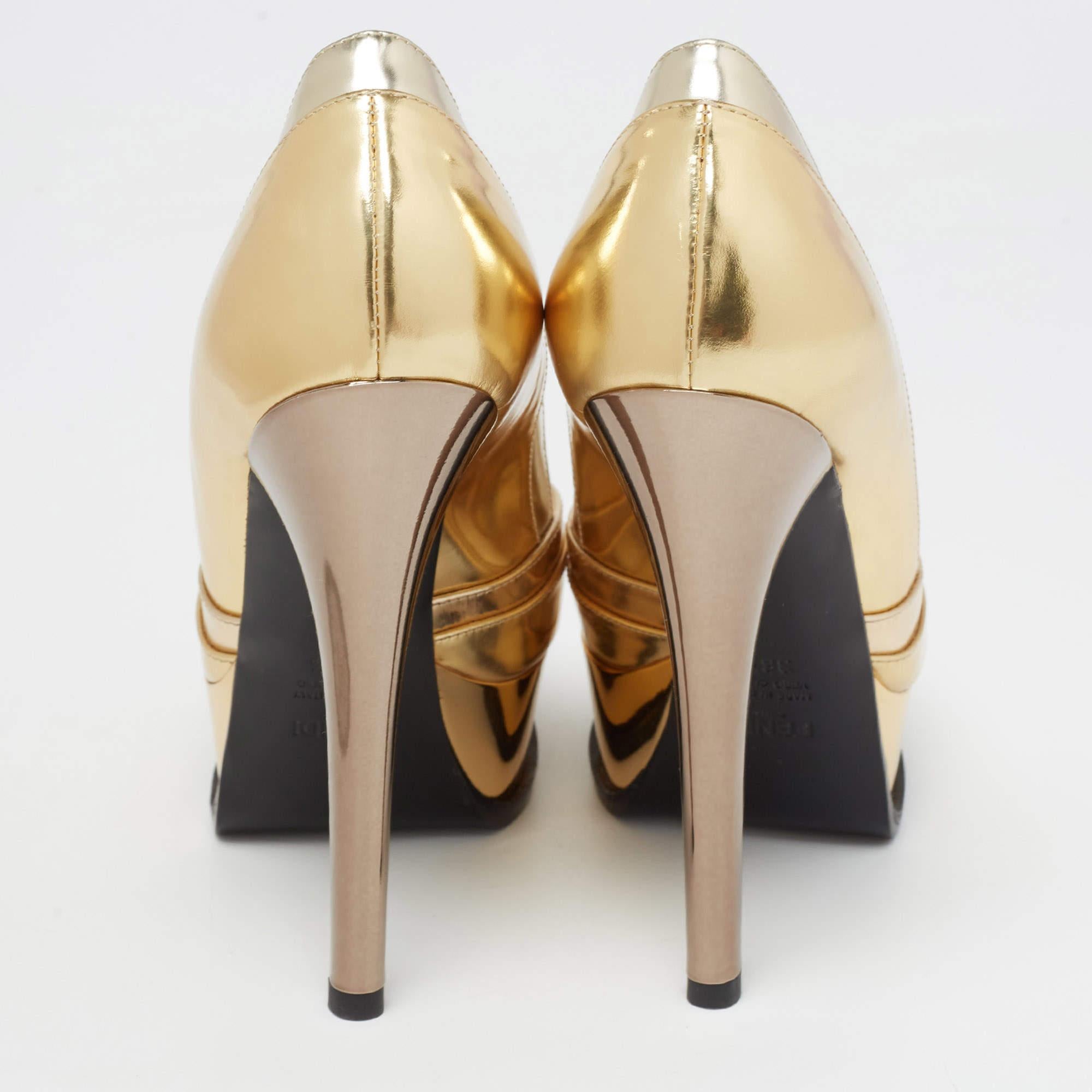Fendi Gold Leather Fendista Peep Toe Pumps Size 36.5 For Sale 3