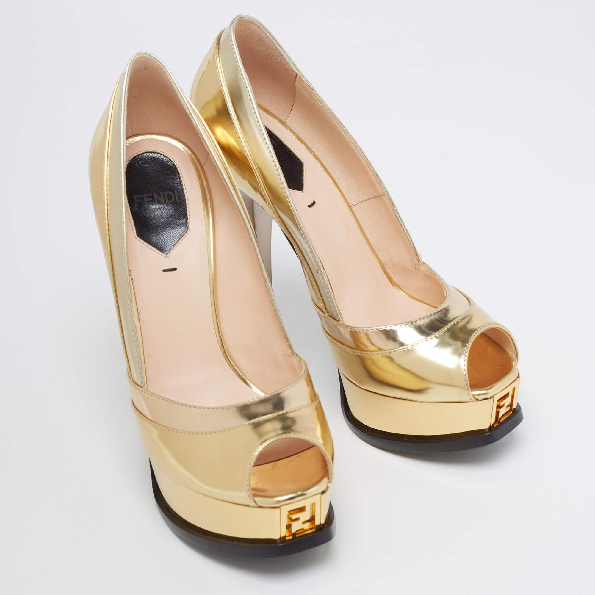 Fendi Gold Leather Fendista Peep Toe Pumps Size 36.5 For Sale 4