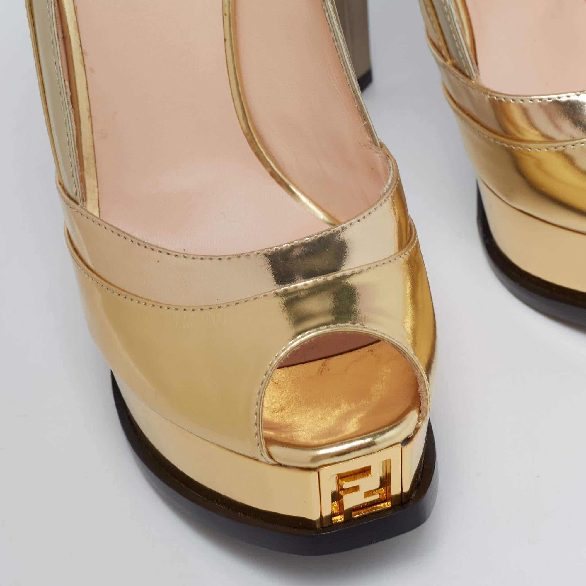 Fendi Gold Leather Fendista Peep Toe Pumps Size 36.5 For Sale 5