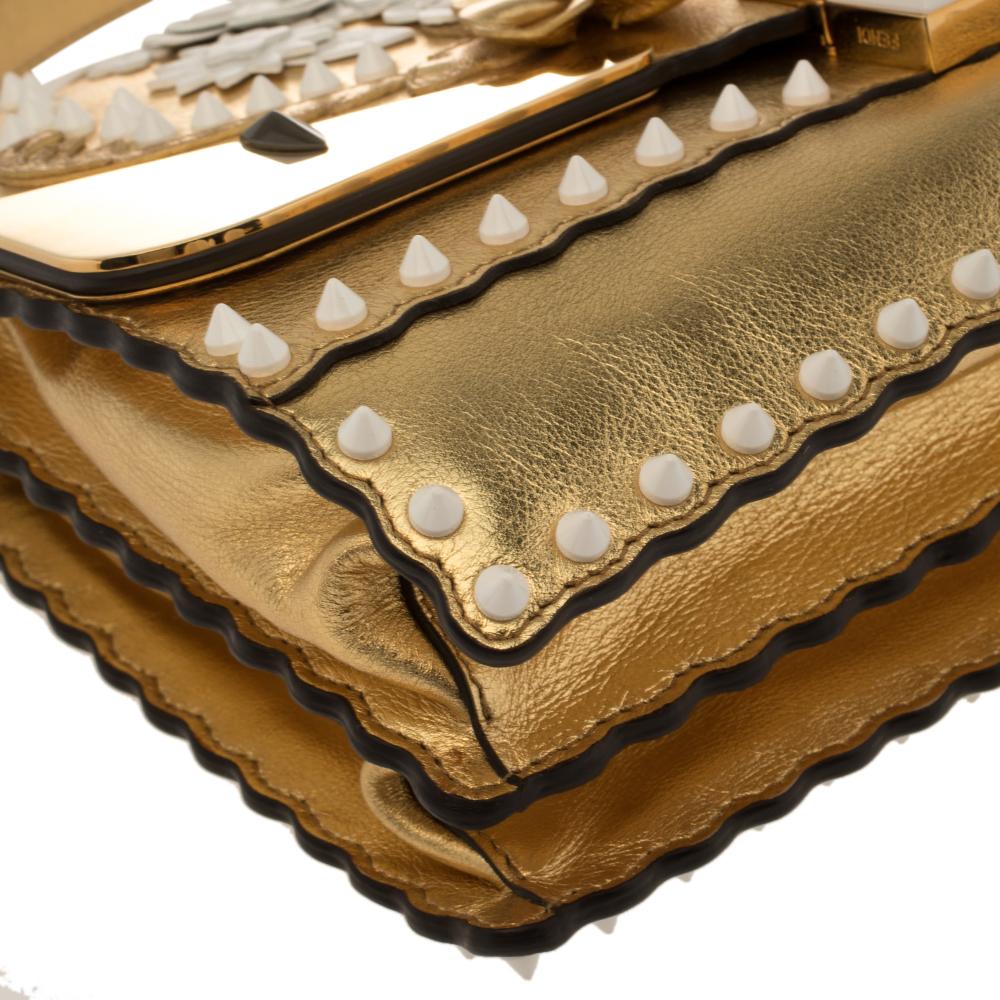 Women's Fendi Gold Leather Floral Studded Kan I Shoulder Bag
