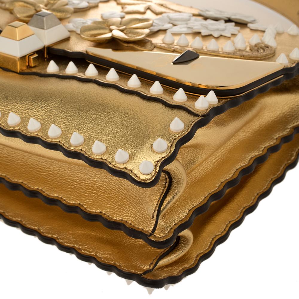 Fendi Gold Leather Floral Studded Kan I Shoulder Bag 1