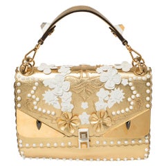 Fendi Gold Leather Floral Studded Kan I Shoulder Bag