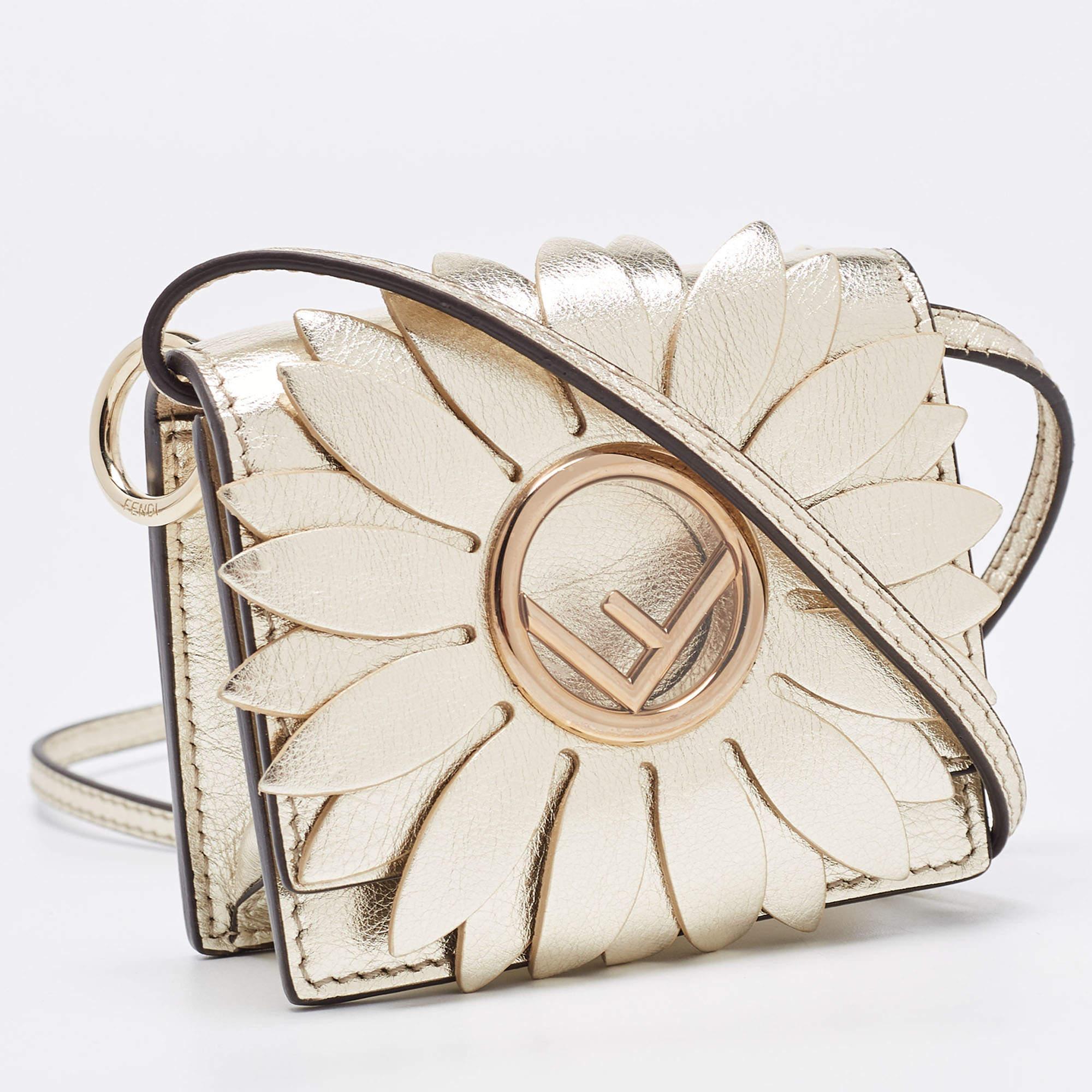 Fendi Gold Leather Micro Flower Kan I Crossbody Bag 2