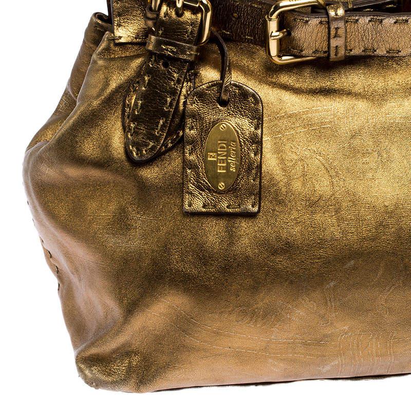 Fendi Gold Leather Selleria Villa Borghese Satchel In Good Condition For Sale In Dubai, Al Qouz 2