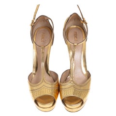 Fendi Gold Leather T Strap Platform Sandals Size 38