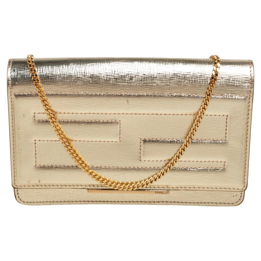 Fendi Gold Leather Tube On Chain Wallet