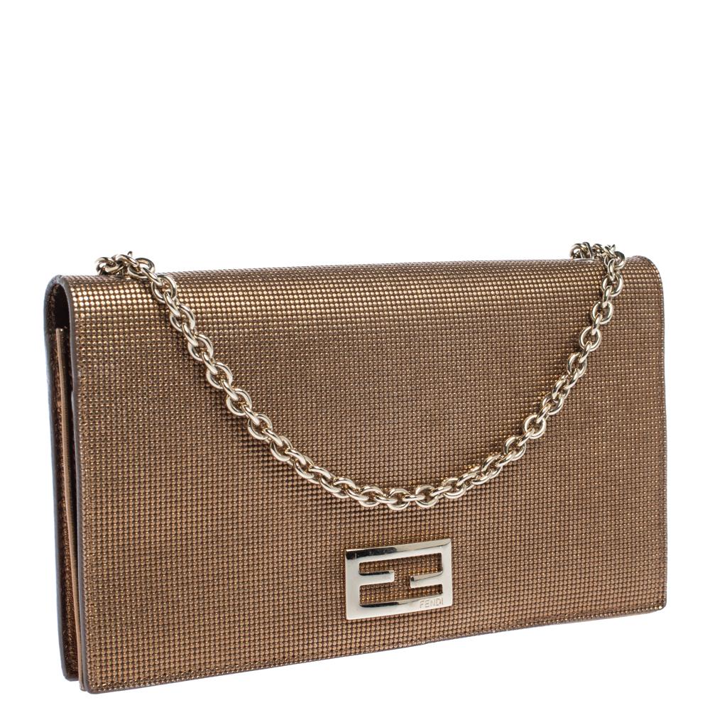 Brown Fendi Gold Mesh Effect Leather FF Wallet On Chain