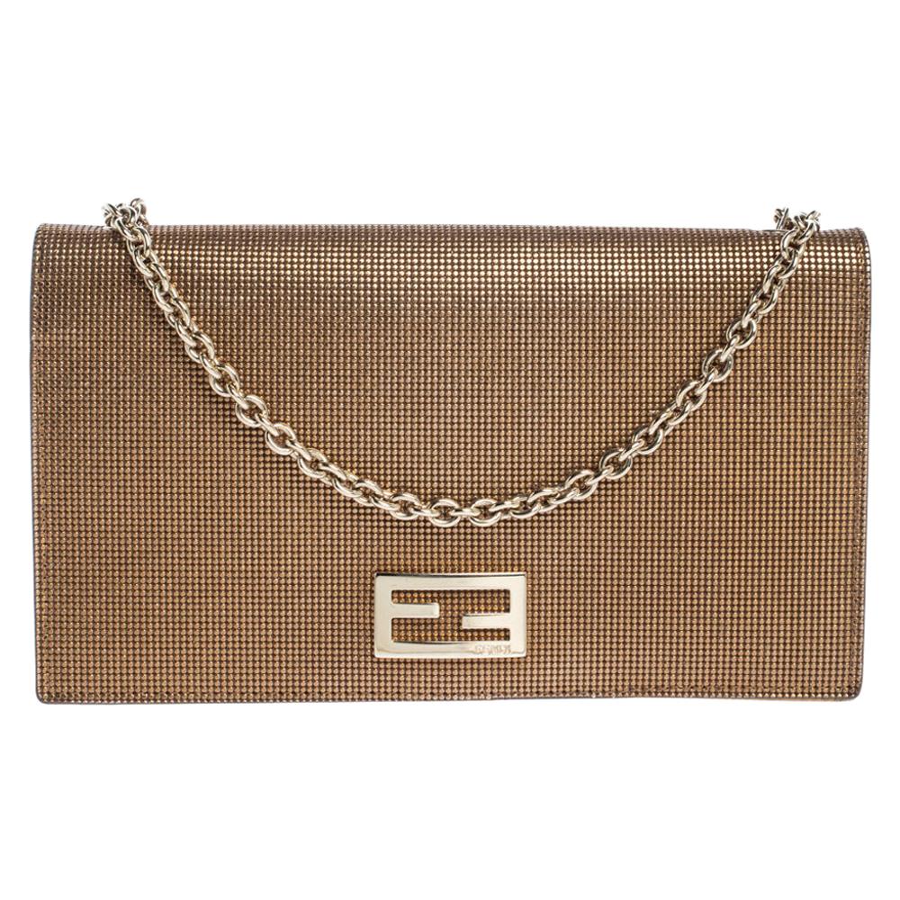 Fendi Gold Mesh Effect Leather FF Wallet On Chain