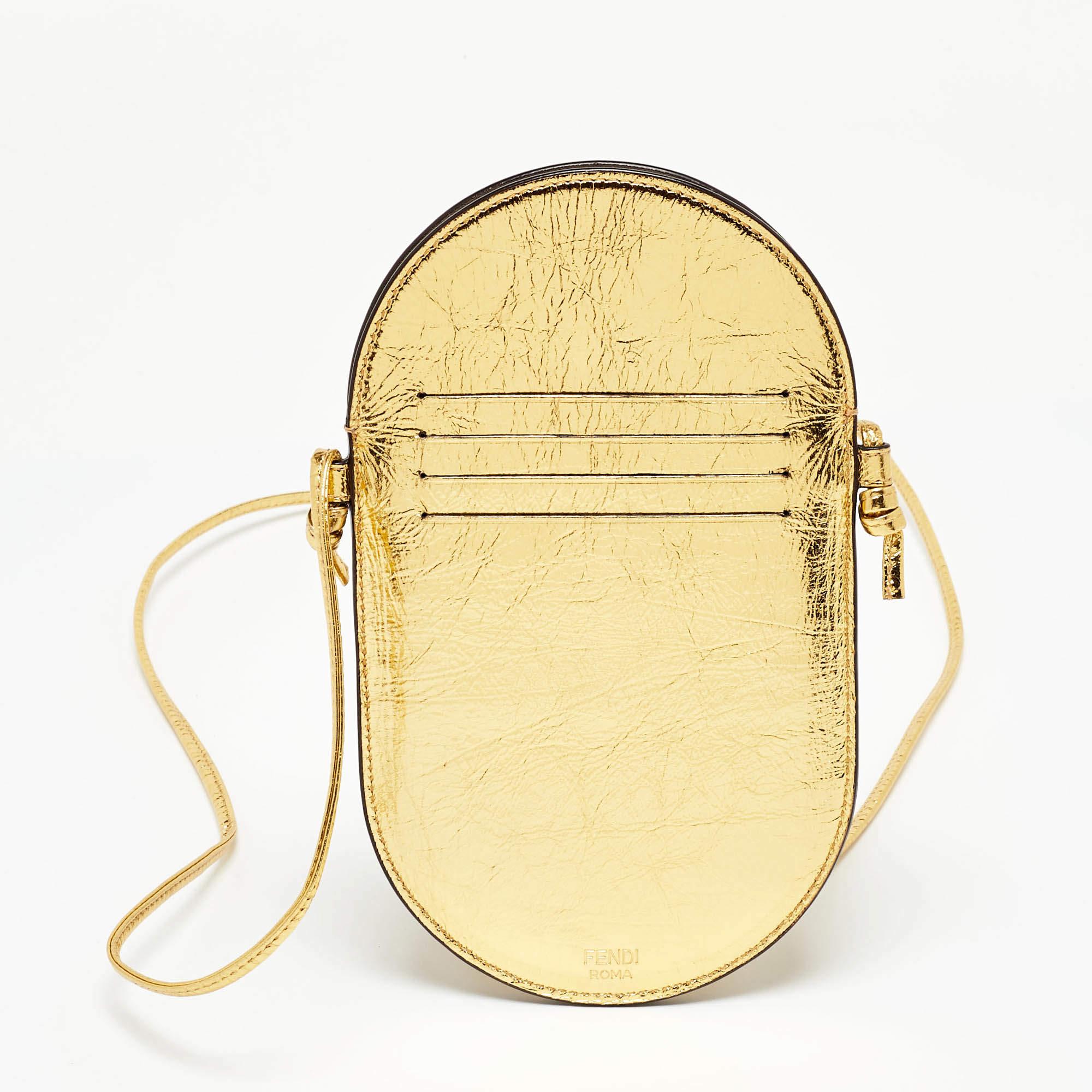 Women's Fendi Gold Metallic Leather O'Lock Phone Pouch For Sale