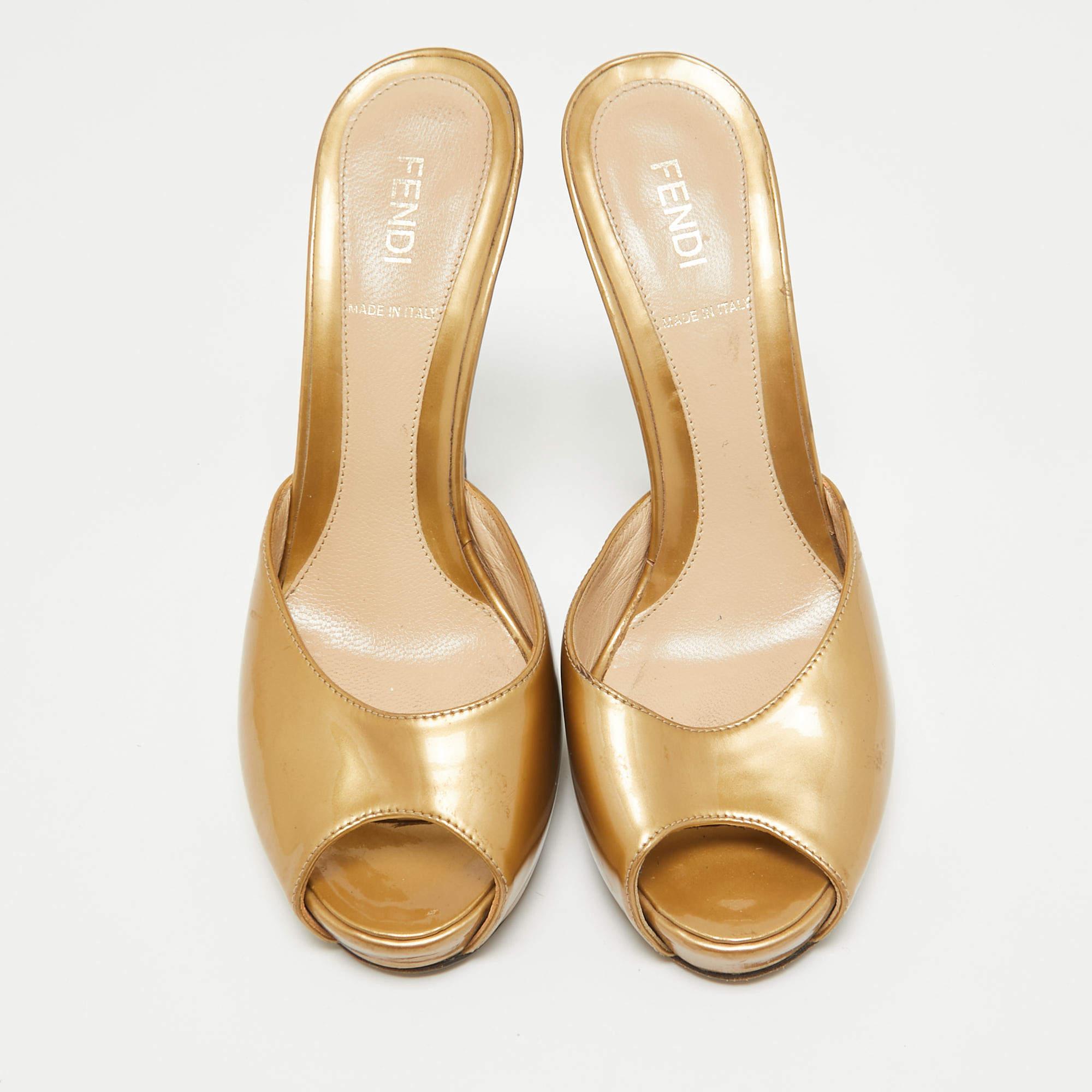 Brown Fendi Gold Patent Leather FF Heel Slide Sandals Size 37.5