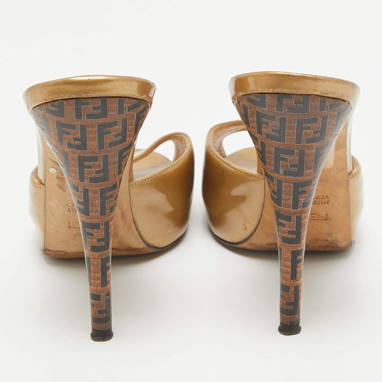 Women's Fendi Gold Patent Leather FF Heel Slide Sandals Size 37.5