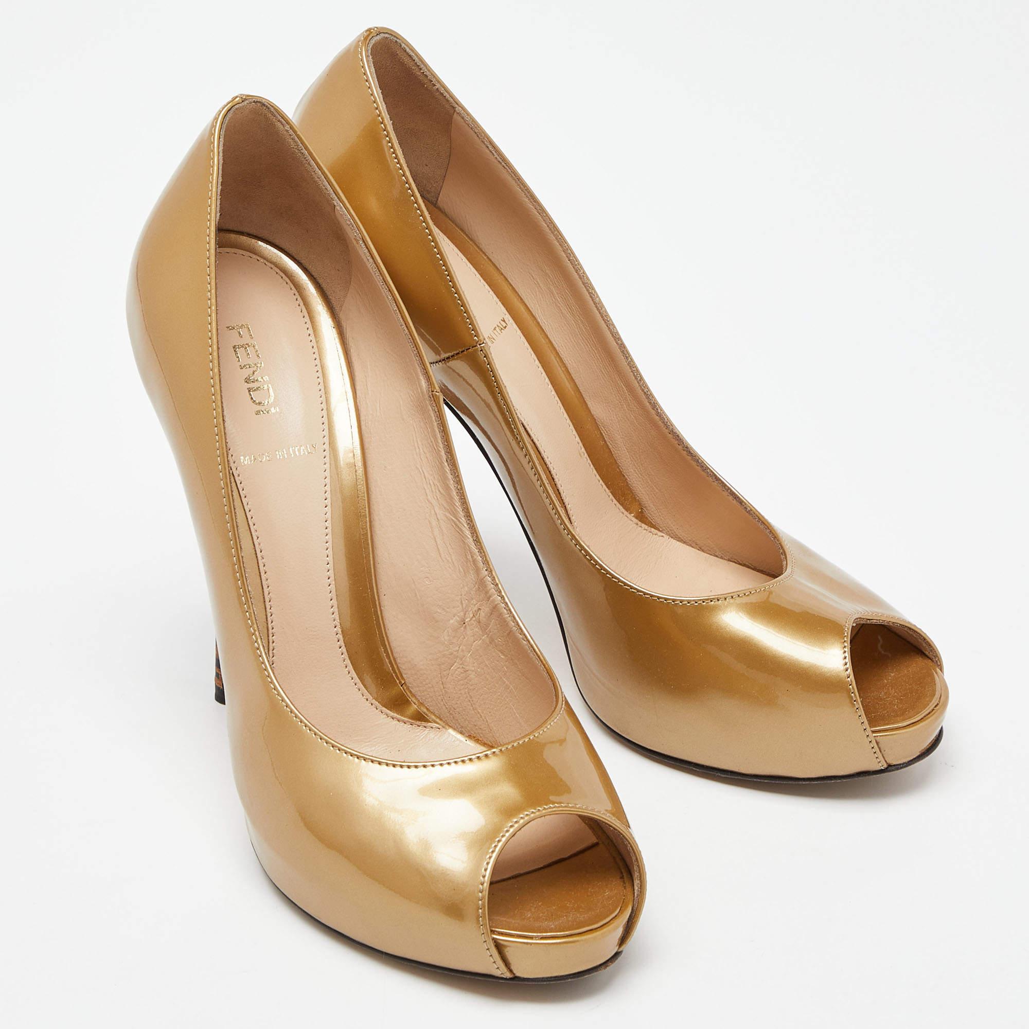 Women's Fendi Gold Patent Leather Zucca Heel Peep Toe Pumps Size 40.5