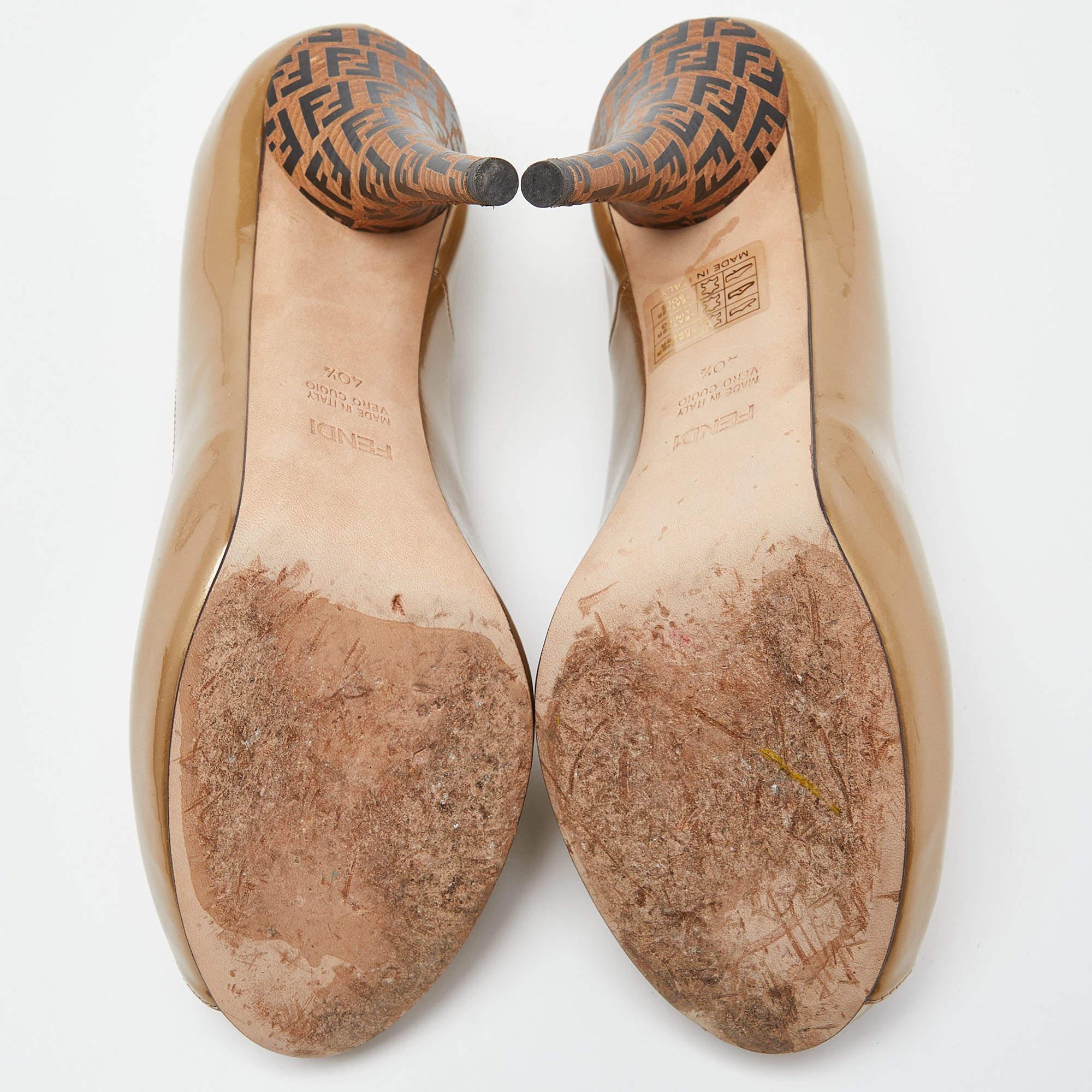 Fendi Gold Patent Leather Zucca Heel Peep Toe Pumps Size 40.5 2