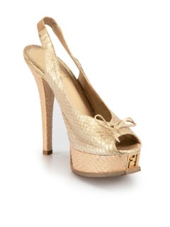 Fendi Gold Python Leather Bow Accent Slingback Sandals Size IT 38.5