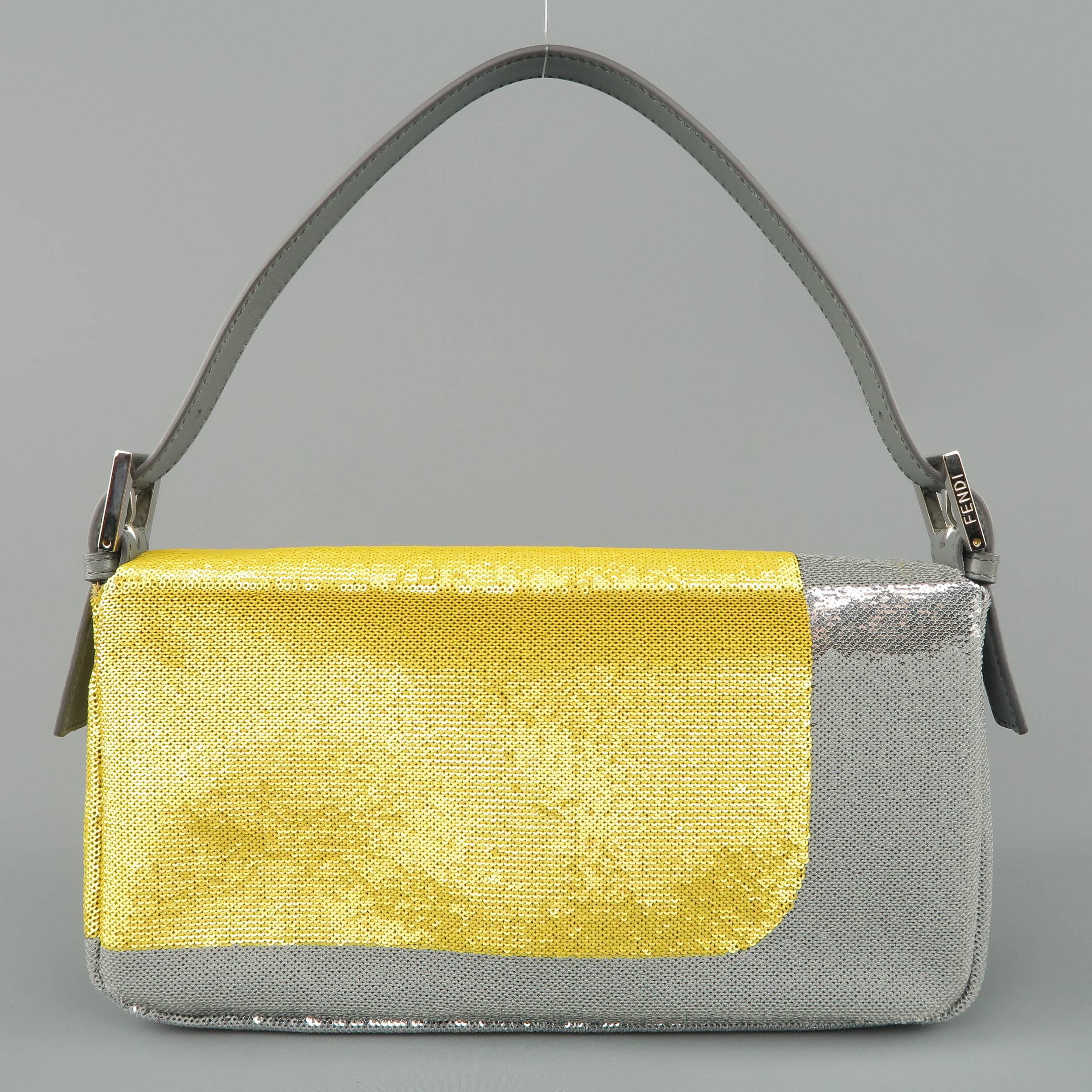 Beige Fendi Gold Silver and Bronze Color Block Sequined Baguette Handbag