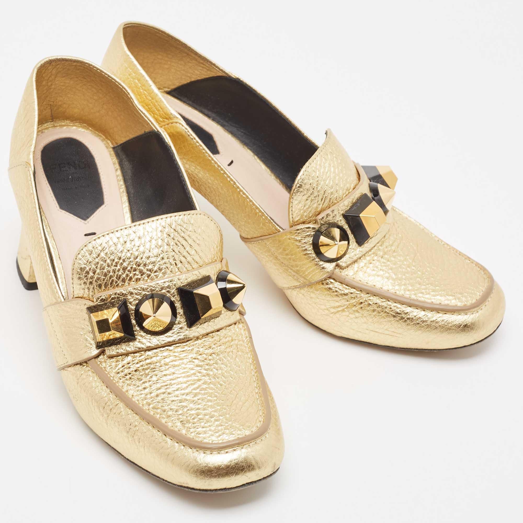 Fendi Gold textured Leather Geometric Stud Loafer Pumps Size 38.5 For Sale 2