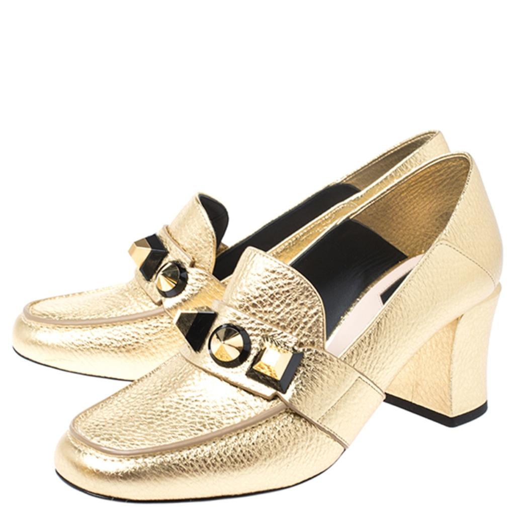 Women's Fendi Gold textured Leather Geometric Stud Loafer Pumps Size 39