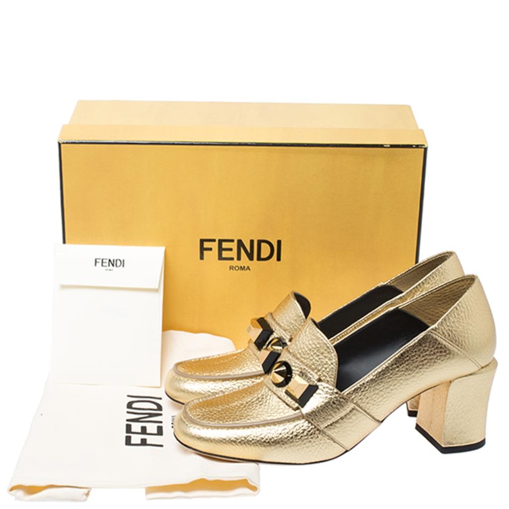 Fendi Gold textured Leather Geometric Stud Loafer Pumps Size 39 4