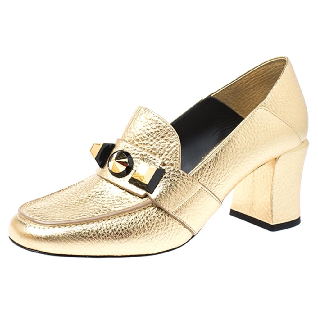 Fendi Gold textured Leather Geometric Stud Loafer Pumps Size 39