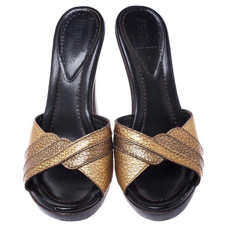 Fendi Gold Textured Leather Open Toe Wooden Platform Slides Size 37.5 ...