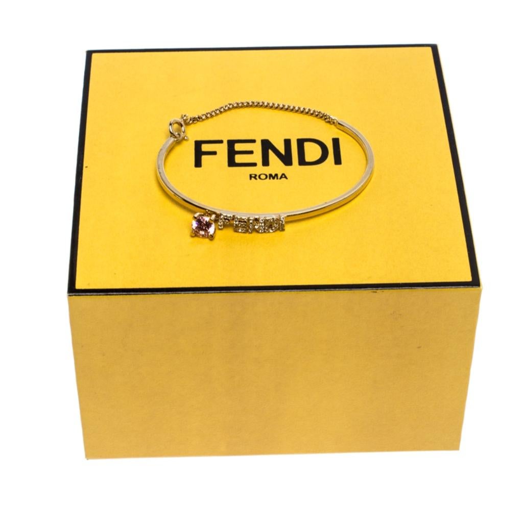 Contemporary Fendi Gold Tone Crystal Embellished Logo Charm Bracelet S