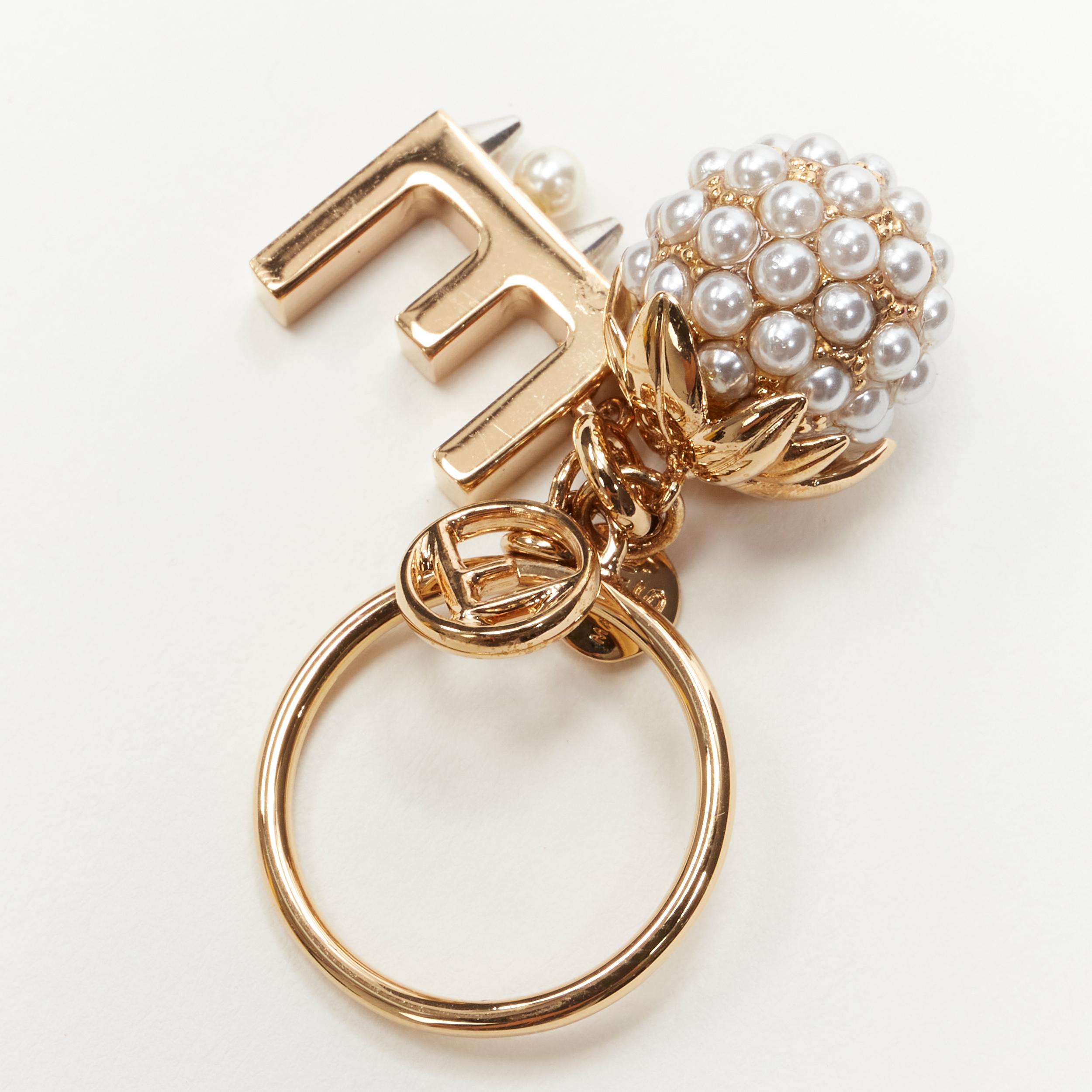 FENDI gold tone E alphabet pearl spike embellished berry charm ring In Excellent Condition For Sale In Hong Kong, NT